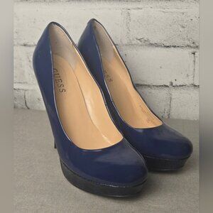 Guess Patent Leather Navy Platform Pumps Black Snakeskin Heel • Size 8